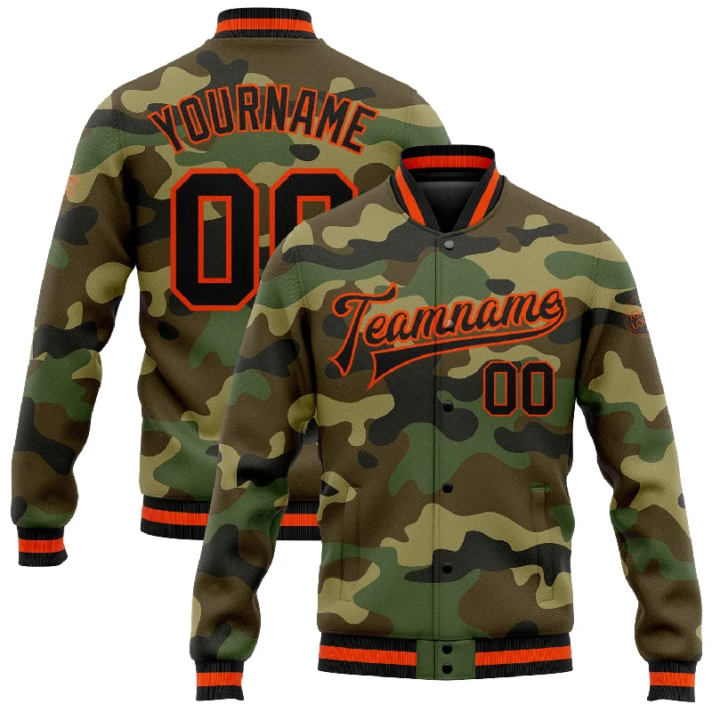 One Size Camo Black-Orange Bomber Full-Snap Varsity Letterman Salute To Service Jacket