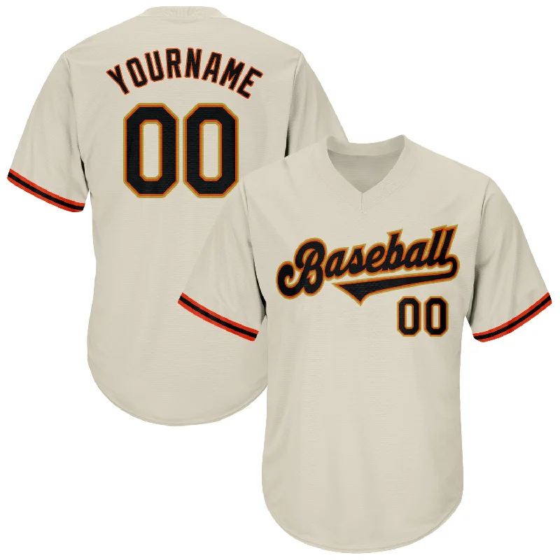 One Size Cream Black-Orange Authentic Throwback Rib-Knit Baseball Jersey Shirt