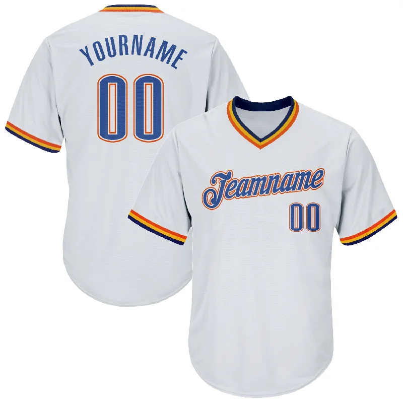 One Size White Blue Navy-Orange Authentic Throwback Rib-Knit Baseball Jersey Shirt