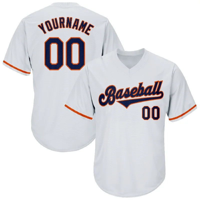 One Size White Navy-Orange Authentic Throwback Rib-Knit Baseball Jersey Shirt