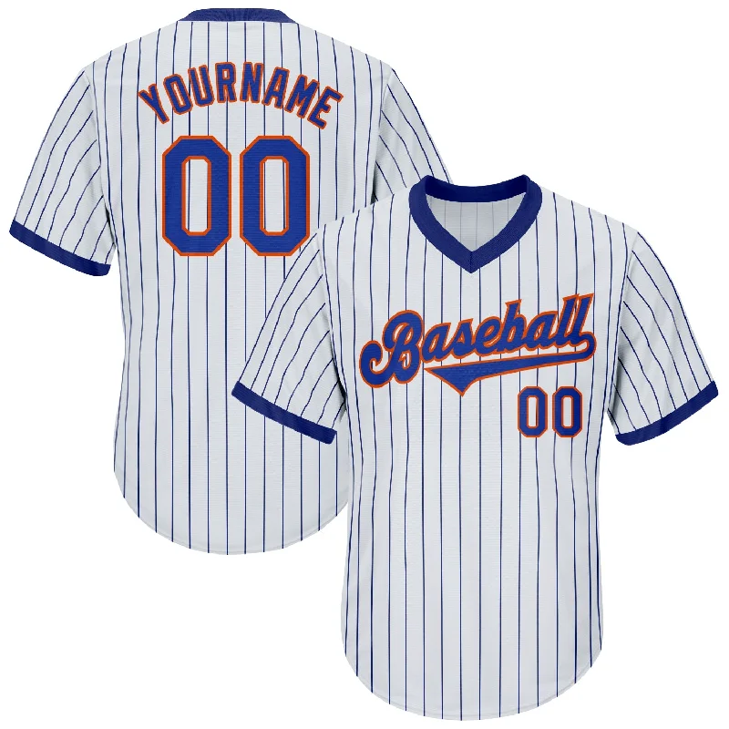 One Size White Royal Pinstripe Royal-Orange Authentic Throwback Rib-Knit Baseball Jersey Shirt