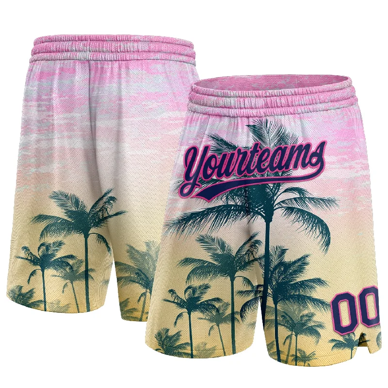 One Size Pink Navy 3D Pattern Hawaii Palm Trees Authentic Basketball Shorts