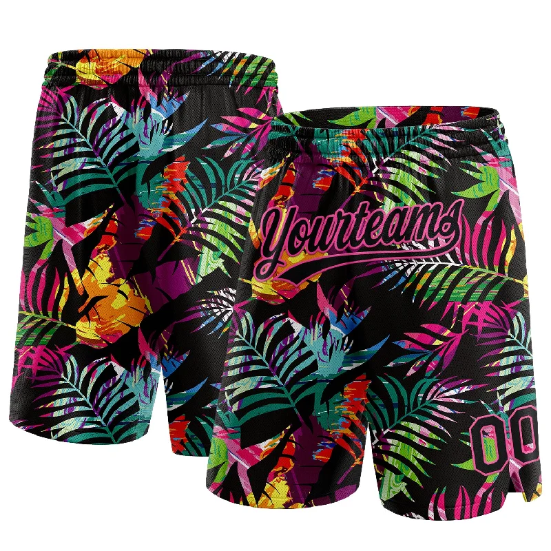 One Size Black Pink 3D Pattern Tropical Palm Leaves Authentic Basketball Shorts