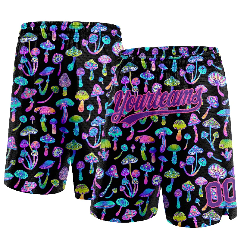 One Size Black Purple-Pink 3D Pattern Magic Mushrooms Psychedelic Hallucination Authentic Basketball Shorts