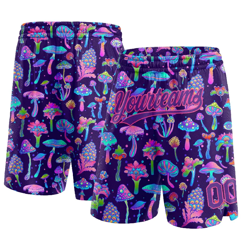 One Size Black Purple-Pink 3D Pattern Colorful Flowers And Mushrooms Psychedelic Hallucination Authentic Basketball Shorts