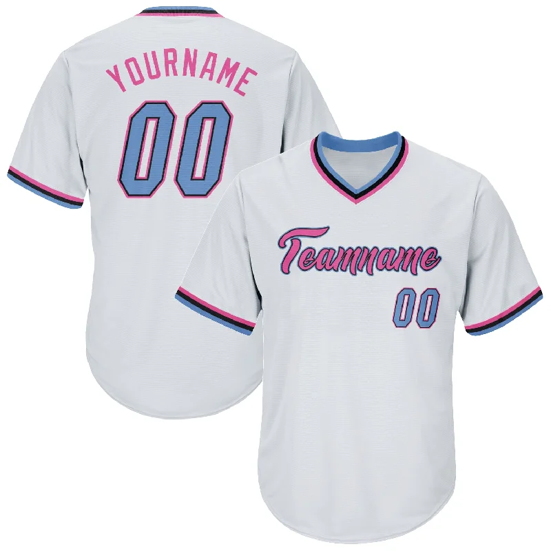 One Size White Light Blue-Pink Authentic Throwback Rib-Knit Baseball Jersey Shirt