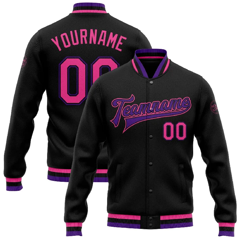 One Size Black Pink-Purple Bomber Full-Snap Varsity Letterman Jacket