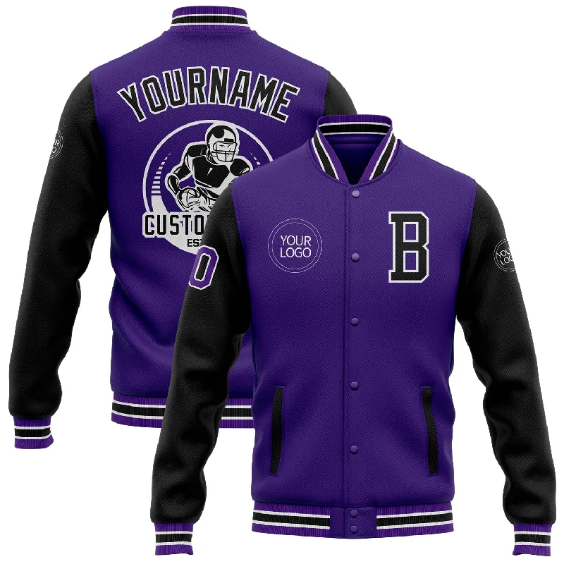 One Size Purple Black Bomber Full-Snap Varsity Letterman Two Tone Jacket