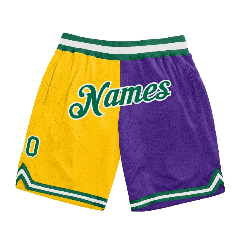 One Size Gold Kelly Green-Purple Authentic Throwback Split Fashion Basketball Shorts