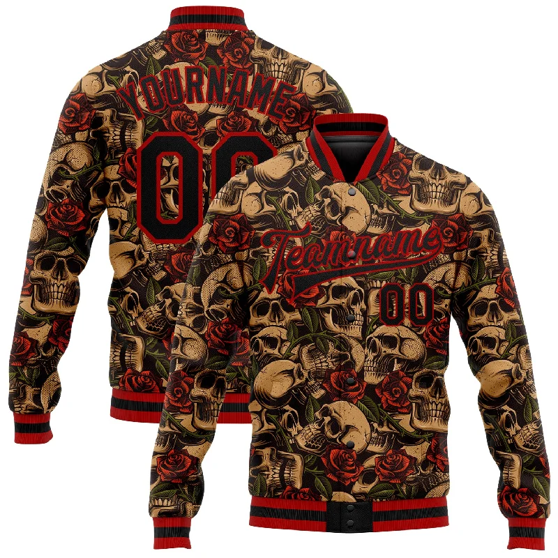 One Size Black Red Rose Skull Fashion 3D Bomber Full-Snap Varsity Letterman Jacket