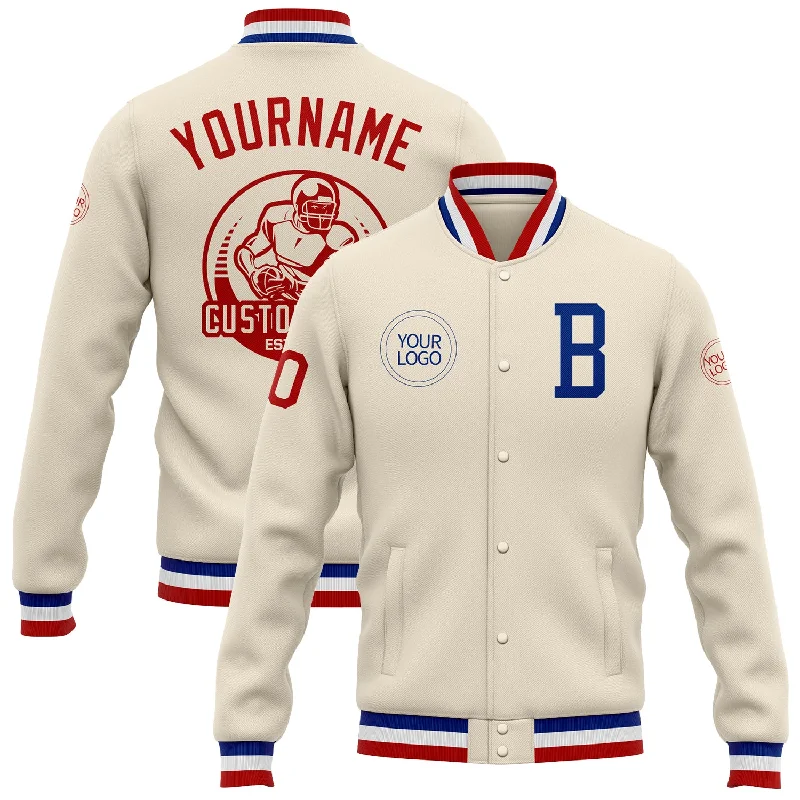 One Size Cream Royal-Red Bomber Full-Snap Varsity Letterman Jacket