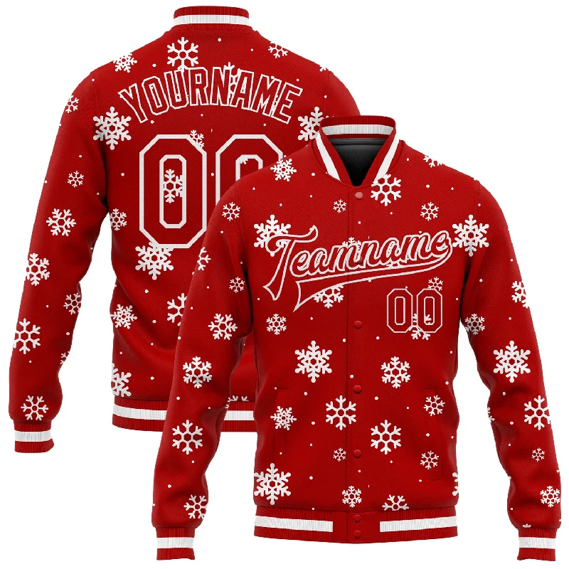 One Size Red White Christmas 3D Bomber Full-Snap Varsity Letterman Jacket