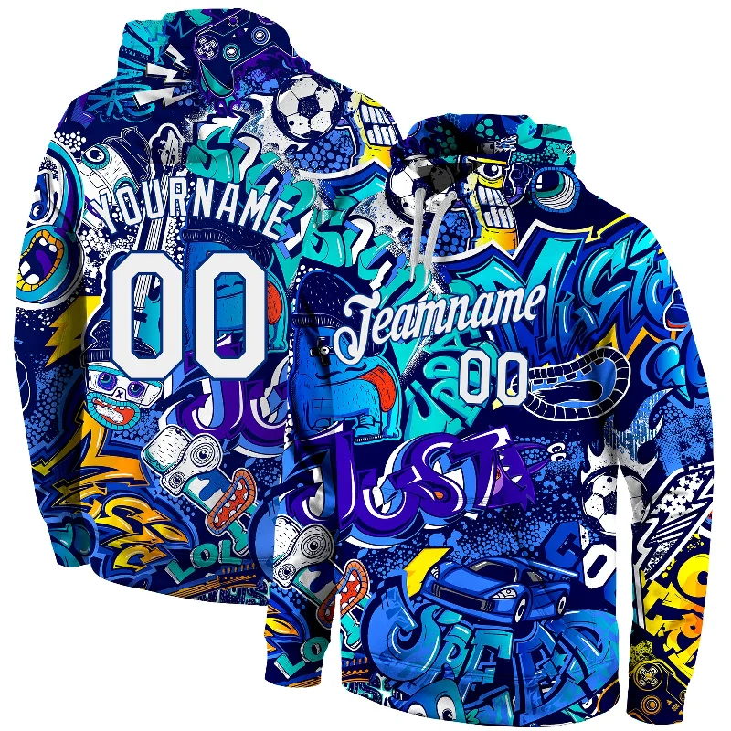 One Size Stitched Graffiti Pattern White-Royal 3D Sports Pullover Sweatshirt Hoodie