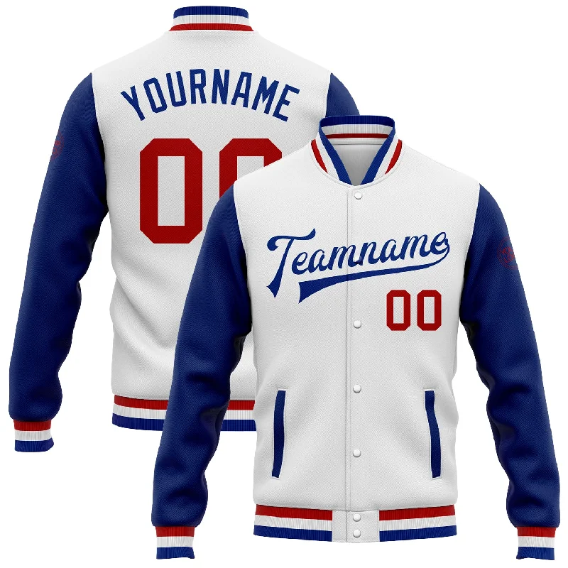 One Size White Red-Royal Bomber Full-Snap Varsity Letterman Two Tone Jacket