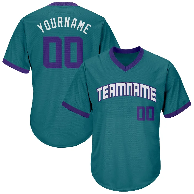 One Size Aqua Purple-White Authentic Throwback Rib-Knit Baseball Jersey Shirt