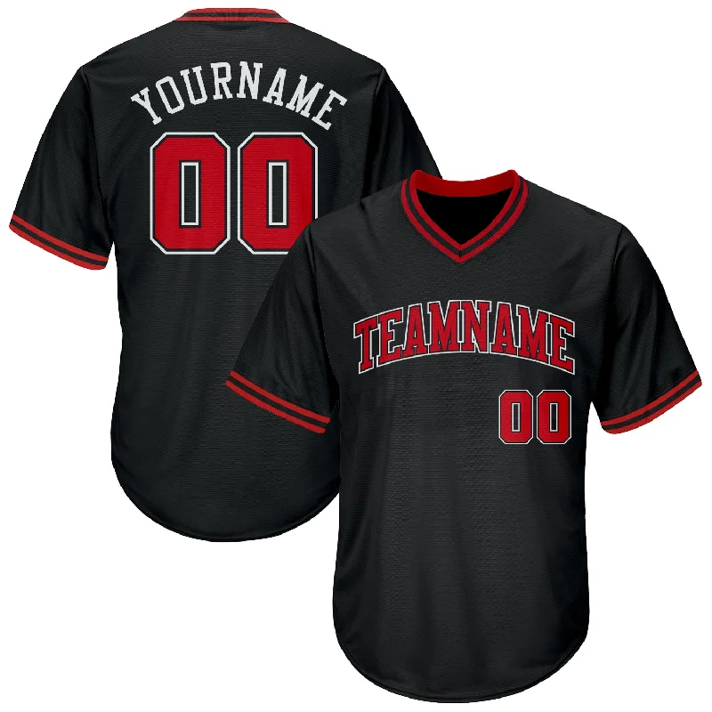 One Size Black Red-White Authentic Throwback Rib-Knit Baseball Jersey Shirt