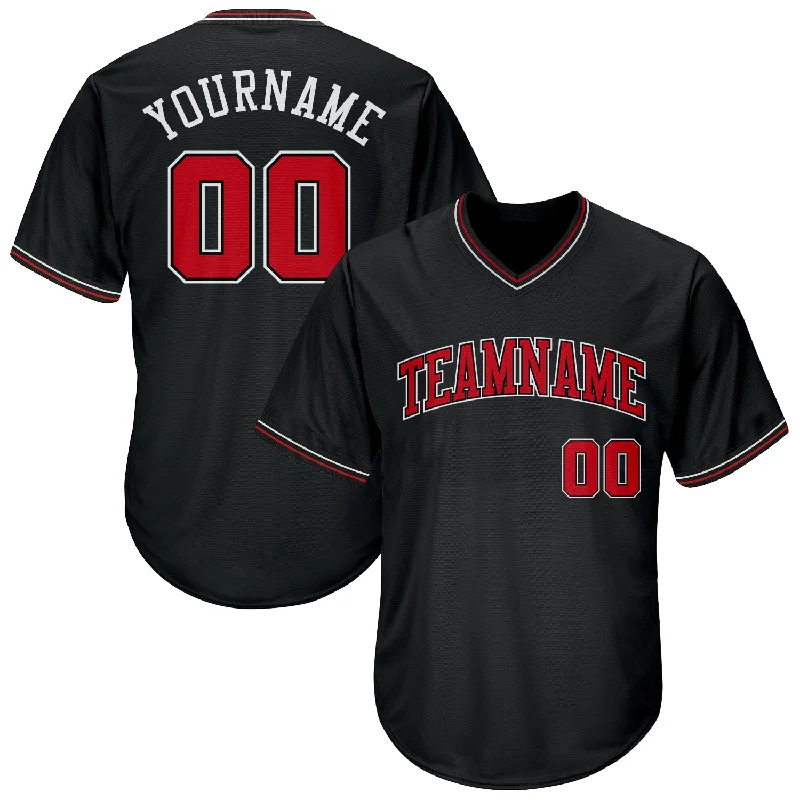 One Size Black Red-White Authentic Throwback Rib-Knit Baseball Jersey Shirt