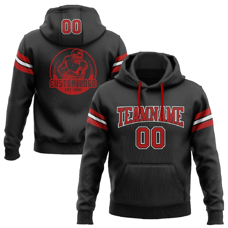 One Size Stitched Black Red-White Football Pullover Sweatshirt Hoodie