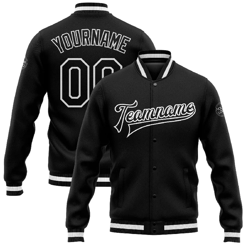 One Size Black Black-White Bomber Full-Snap Varsity Letterman Jacket