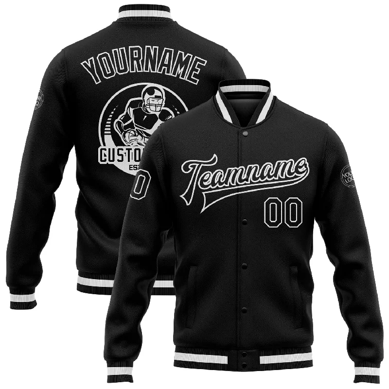 One Size Black Black-White Bomber Full-Snap Varsity Letterman Jacket