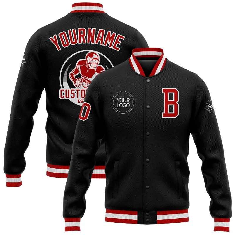 One Size Black Red-White Bomber Full-Snap Varsity Letterman Jacket