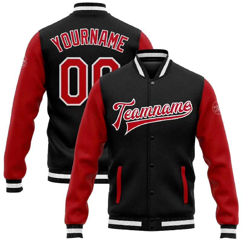 One Size Black Red-White Bomber Full-Snap Varsity Letterman Two Tone Jacket