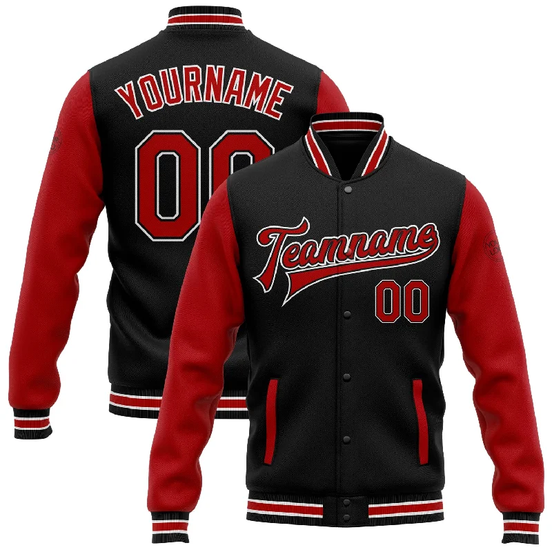 One Size Black Red-White Bomber Full-Snap Varsity Letterman Two Tone Jacket