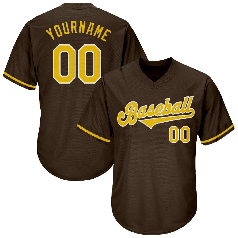 One Size Brown Gold-White Authentic Throwback Rib-Knit Baseball Jersey Shirt