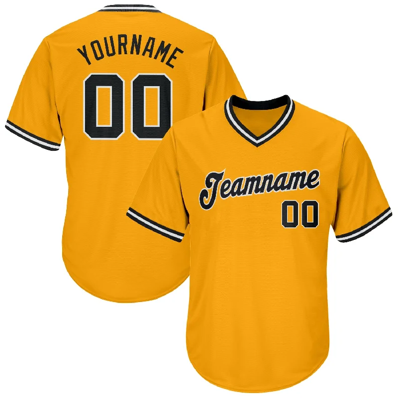 One Size Gold Black-White Authentic Throwback Rib-Knit Baseball Jersey Shirt