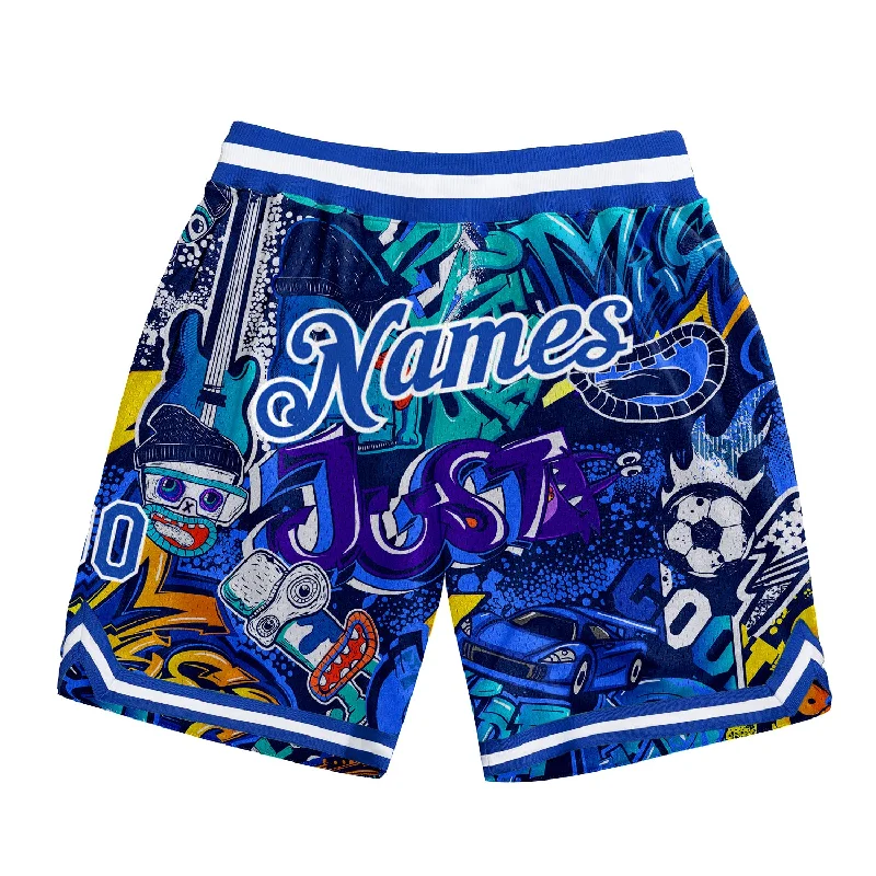 One Size Graffiti Pattern Royal-White 3D Authentic Basketball Shorts