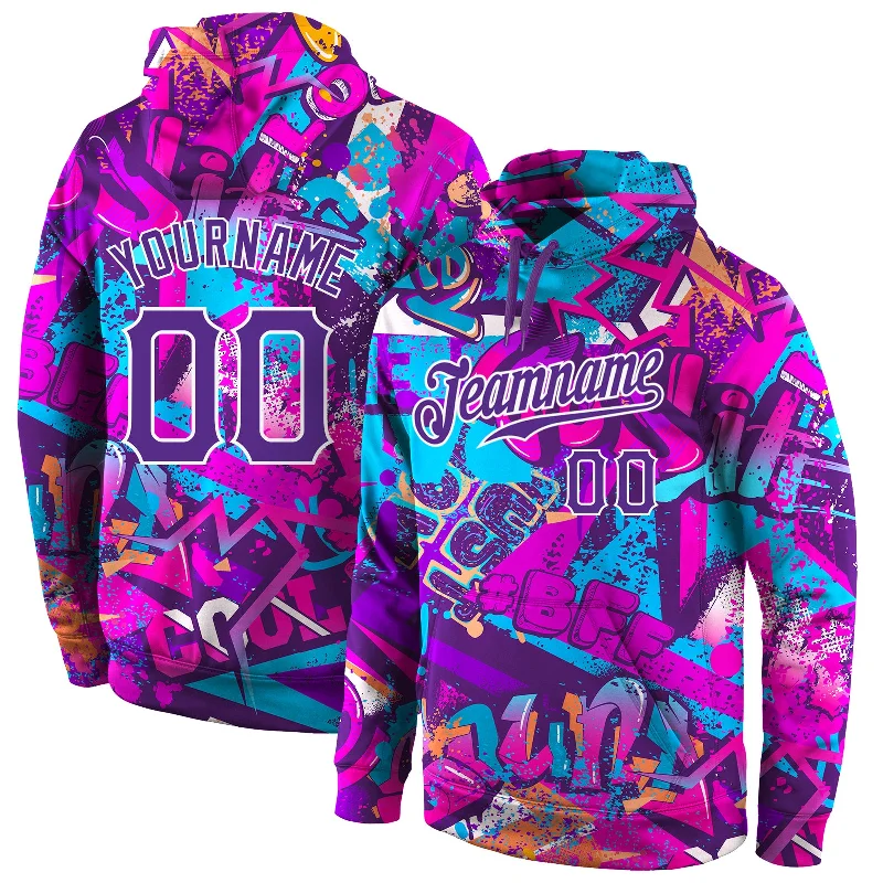 One Size Stitched Graffiti Pattern Purple-White 3D Sports Pullover Sweatshirt Hoodie