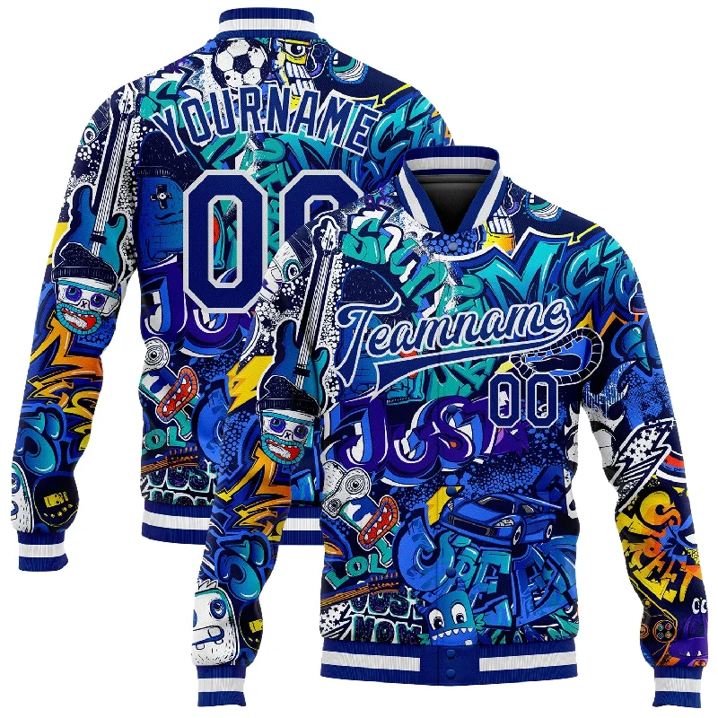 One Size Graffiti Pattern Royal-White Abstract Urban Street Art 3D Bomber Full-Snap Varsity Letterman Jacket