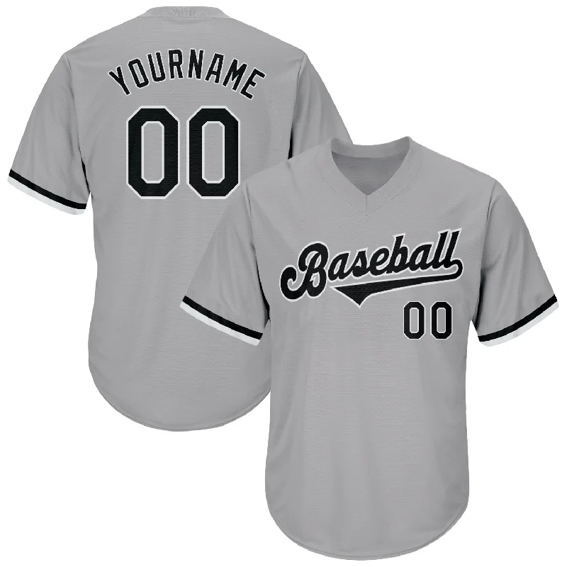 One Size Gray Black-White Authentic Throwback Rib-Knit Baseball Jersey Shirt