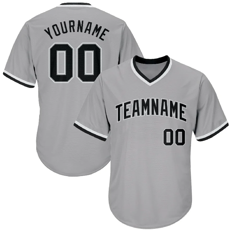 One Size Gray Black-White Authentic Throwback Rib-Knit Baseball Jersey Shirt