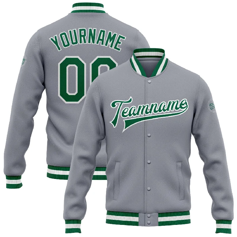 One Size Gray Kelly Green-White Bomber Full-Snap Varsity Letterman Jacket