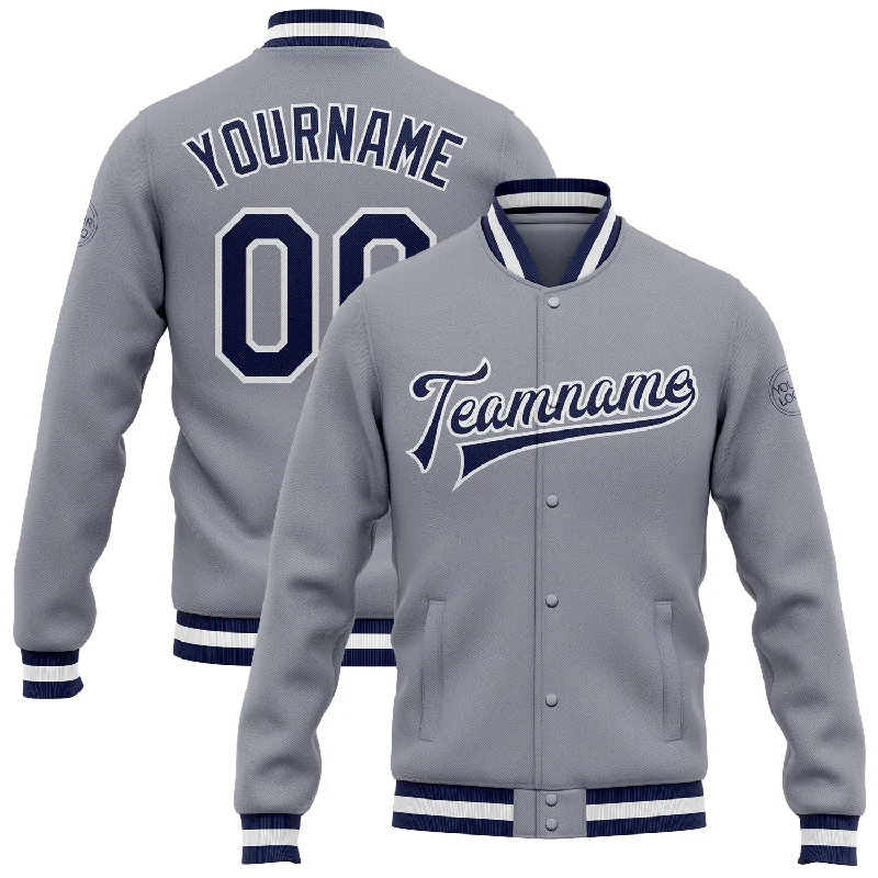 One Size Gray Navy-White Bomber Full-Snap Varsity Letterman Jacket