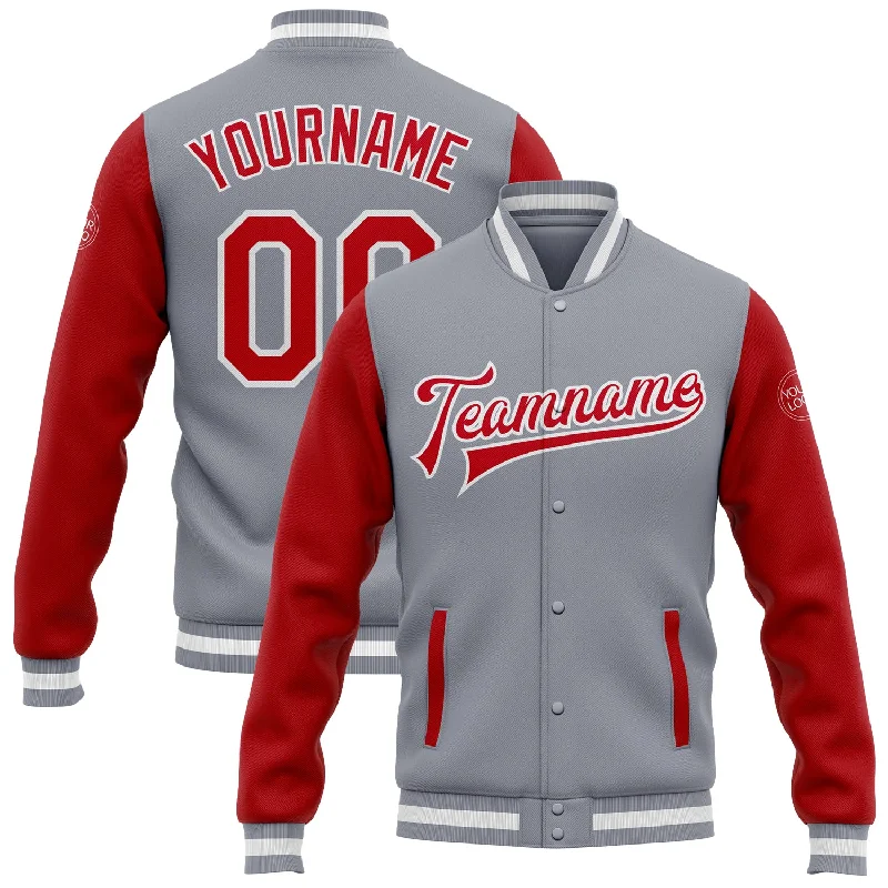 One Size Gray Red-White Bomber Full-Snap Varsity Letterman Two Tone Jacket