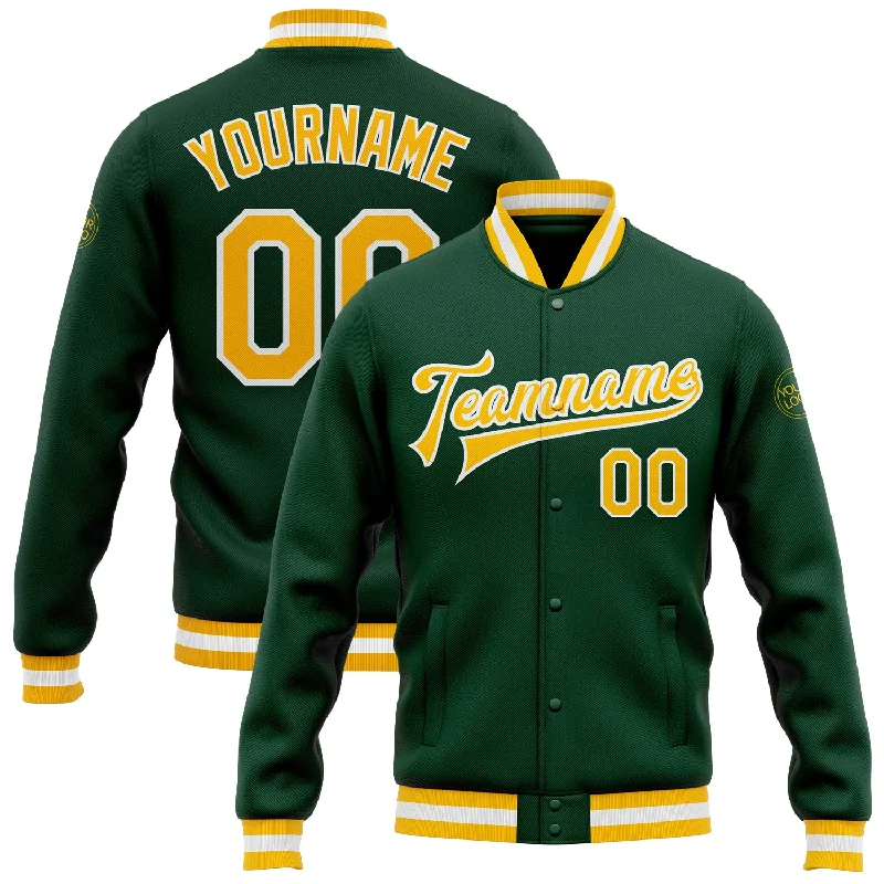 One Size Green Gold-White Bomber Full-Snap Varsity Letterman Jacket