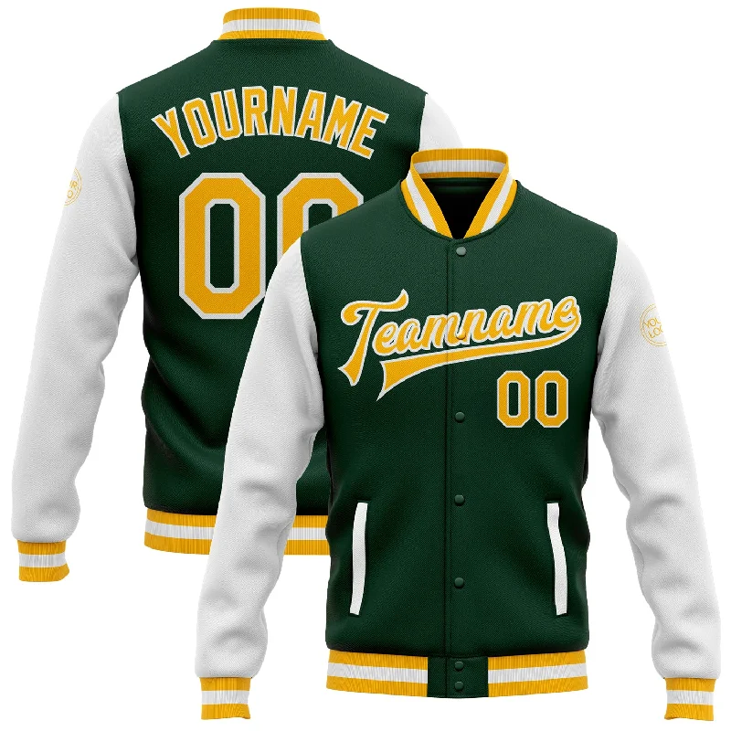 One Size Green Gold-White Bomber Full-Snap Varsity Letterman Two Tone Jacket