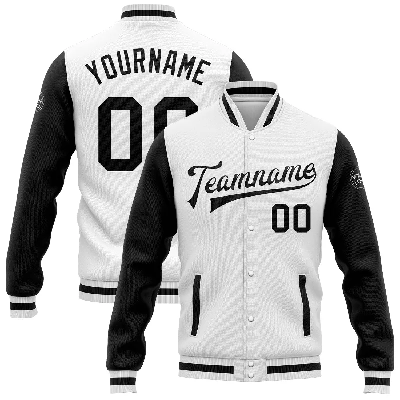 One Size White Black Bomber Full-Snap Varsity Letterman Two Tone Jacket