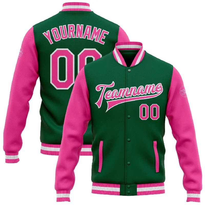 One Size Kelly Green Pink-White Bomber Full-Snap Varsity Letterman Two Tone Jacket