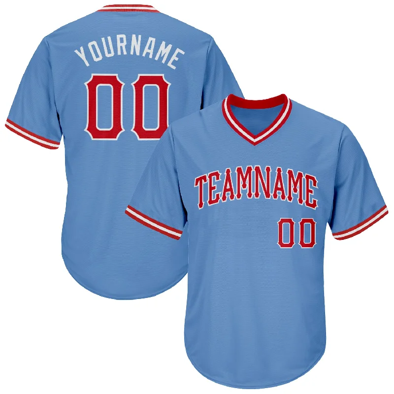 One Size Light Blue Red-White Authentic Throwback Rib-Knit Baseball Jersey Shirt