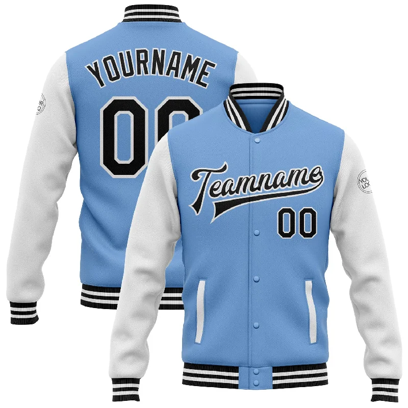 One Size Light Blue Black-White Bomber Full-Snap Varsity Letterman Two Tone Jacket