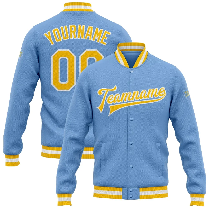 One Size Light Blue Gold-White Bomber Full-Snap Varsity Letterman Jacket