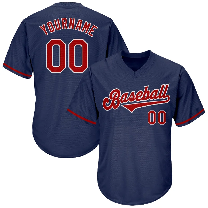 One Size Navy Red-White Authentic Throwback Rib-Knit Baseball Jersey Shirt