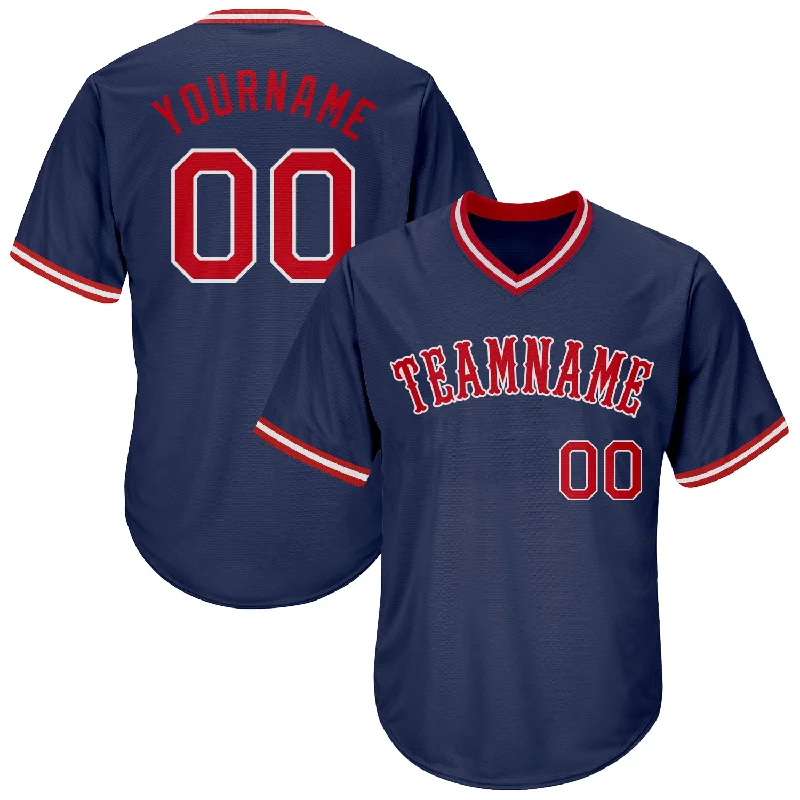 One Size Navy Red-White Authentic Throwback Rib-Knit Baseball Jersey Shirt