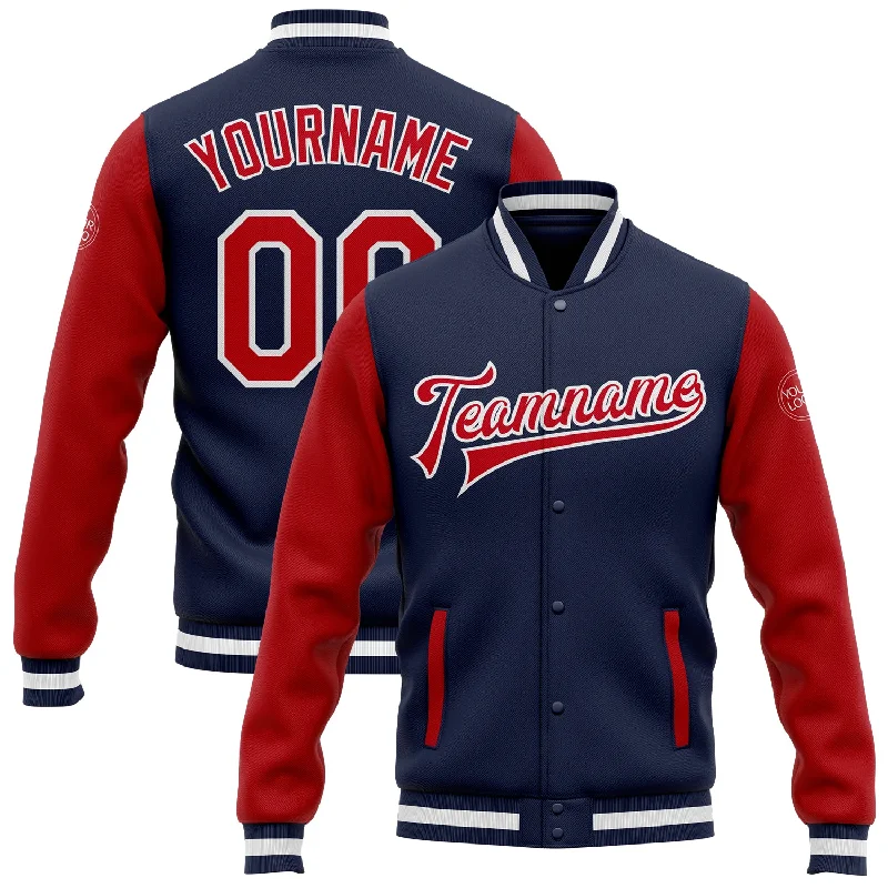 One Size Navy Red-White Bomber Full-Snap Varsity Letterman Two Tone Jacket