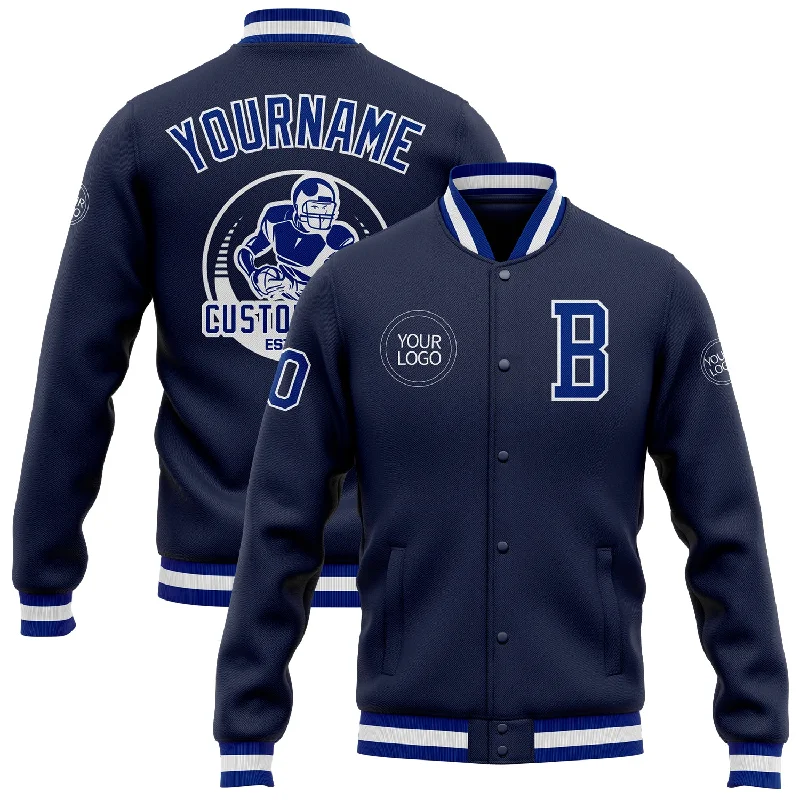 One Size Navy Royal-White Bomber Full-Snap Varsity Letterman Jacket