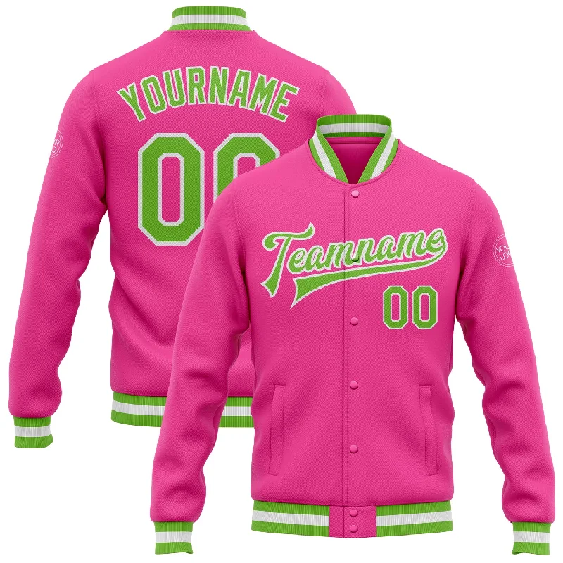 One Size Pink Neon Green-White Bomber Full-Snap Varsity Letterman Jacket