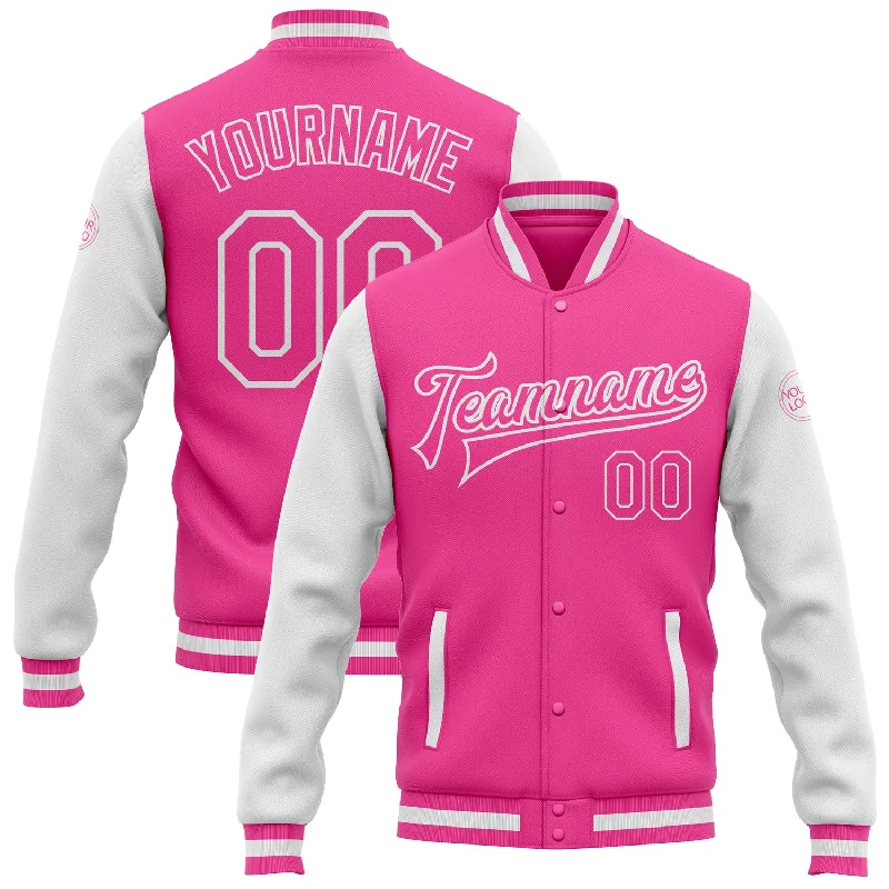 One Size Pink Pink-White Bomber Full-Snap Varsity Letterman Two Tone Jacket